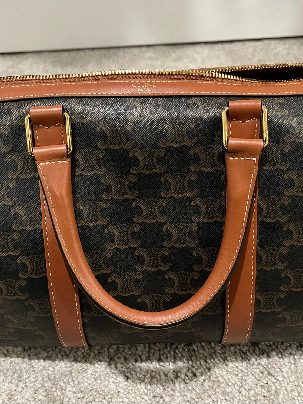 Large Boston Celine Bag in Triomphe Canvas and Calfskin